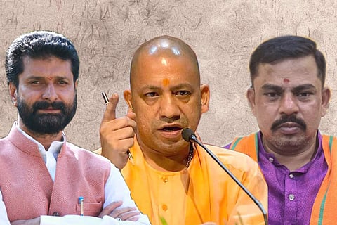 A collage of Yogi Adityanath, CT Ravi and T Raja Singh