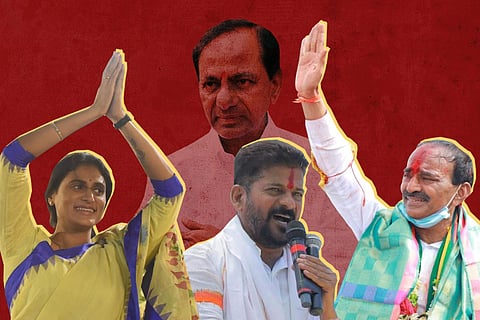 Collage of KCR, YS Sharmila, Revanth Reddy and Eatala Rajender