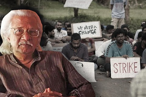 Stylised image of Adoor Gopalakrishnan against protesting students of KRNIVSA