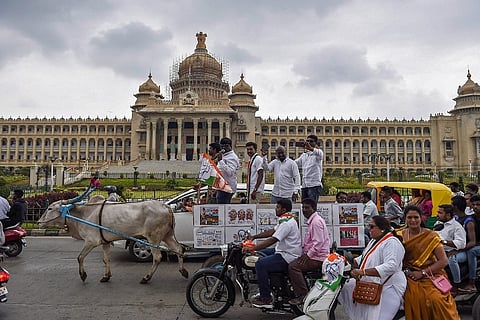 Karnataka leaders ride a horse, buffalo to protest against fuel prices