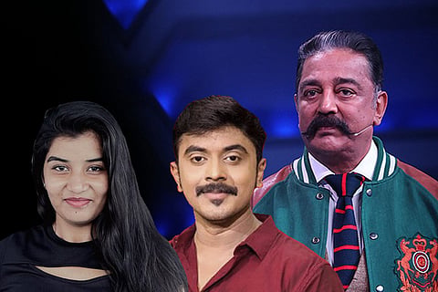 Bigg Boss Tamil 4 contestants Dhanalakshmi and Azeem, along with host Kamal Haasan
