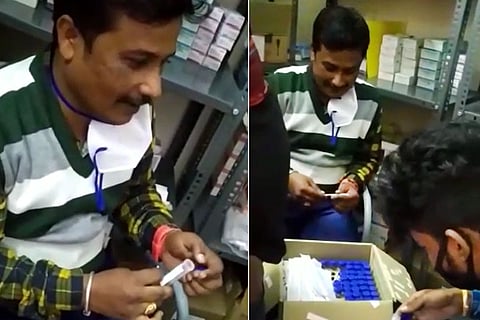 Screenshots of two BBMP contract staff members caught faking swab collection for COVID-19 tests