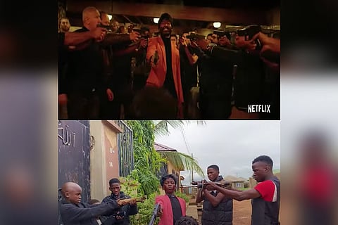 A screengrab from Ikorodu Bois' parody video of Jagame Thandhiram trailer