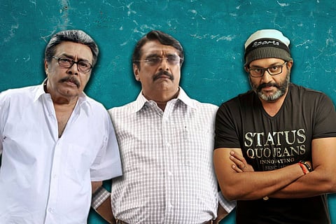 A collage of Janardhanan, Cochin Haneefa and Suresh Krishna