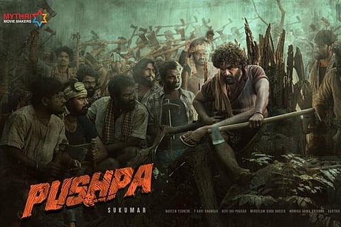 A poster from Pushpa featuring Allu Arjun
