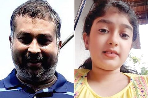 A collage of Sanu Mohan in a blue shirt, with a beard and his daughter Vaiga wearing yellow top, both are looking into the camera