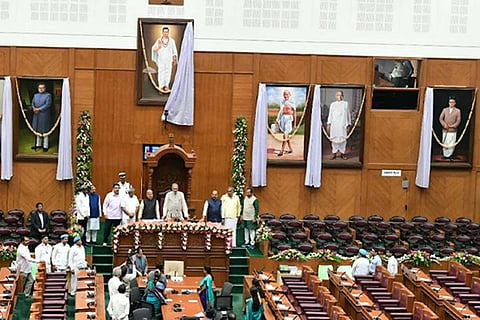 Portraits of Savarkar, Patel, Gandhi, Basavanna and BR Ambesdkar can be seen on the wall of the Karnataka assembly in Belagavi