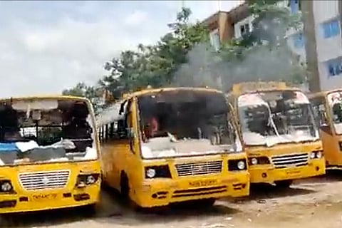 School buses damaged during protest at Kallakurichi