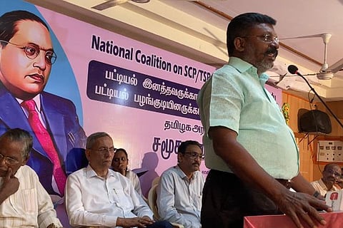 Thol Thirumavalavan speaks at the meeting on February 28