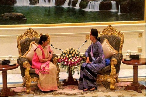 External Affairs Minister Sushma Swaraj meets Myanmar Foreign Minister Aung San Suu Kyi
