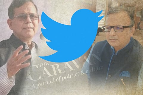 A collage of Mohammad Salim, Prasar Bharti CEO and Caravan logo and Twitter