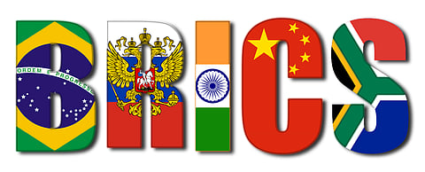 Flags of Brazil, Russia, India, China and South Africa — the BRICS nations.