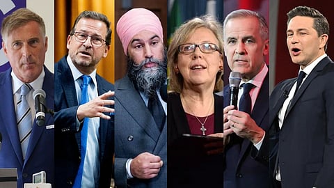 Maxime Bernier, Yves Francois Blanchet, Jagmeet Singh, Elizabeth May, Mark Carney, Pierre Poilievre