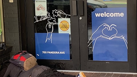 Free drugs, free food, free fall: entrance to downtown Victoria’s primary street outreach facility. In B.C., “safer supply” drugs are now given out under supervision, and hard drug consumption is restricted to private areas.