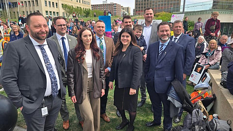 United Conservative Party (UCP) MLA Chantelle de Jonge (centre left) with UCP MLAs and cabinet ministers at a pro-life rally at the Alberta Legislature on May 8, 2025.