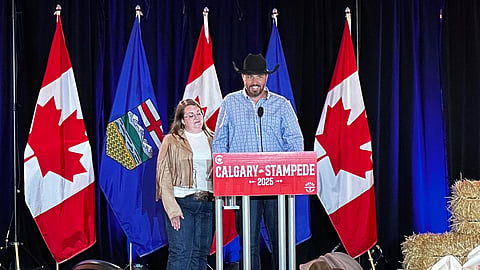 Damien Kurek and his wife Danielle at the United Conservative Party's Stampede BBQ, July 5, 2025.