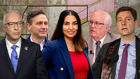 John Rustad, Pierre Poilievre, Niki Sharma, Malcolm Brodie, and David Eby