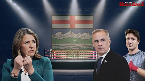 Danielle Smith squaring up against Mark Carney and Justin Trudeau.
