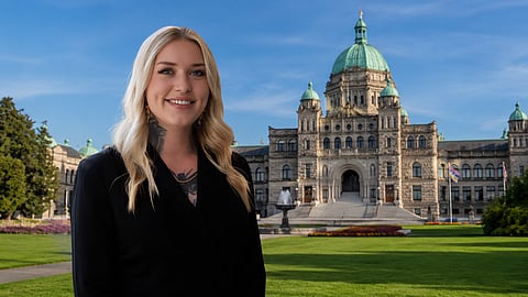 Claire Rattée, MLA for Skeena and interim BC Conservative leader, in front of the British Columbia Parliament Buildings in Victoria