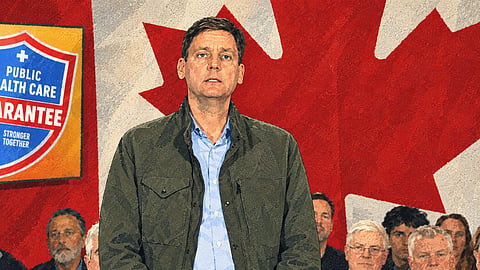 Illustrated portrait of Premier David Eby standing in front of a Canadian flag, with a “Public Health Care Guarantee” shield to the left and a crowd behind him — inspired by Eby's Delta appearance on Monday.