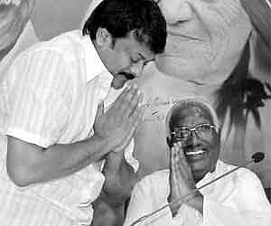 Praja Rajyam Party president greeting former Congress leader P.Shiv Shankar who joined the party in Hyderabad/RVK Rao