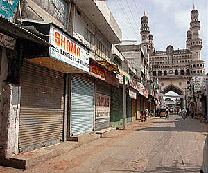 A deserted view of the Ladbazar market in Hyderabad on Saturday during strike on the occasion of anniversary of Babri Masjid demolition. (PTI)