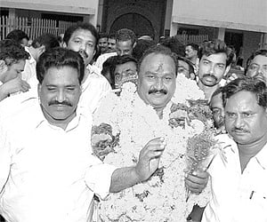 Kovvur MLA T V Rama Rao is welcomed by TDP leaders after his release from the Central Jail in Rajahmundry on Tuesday.