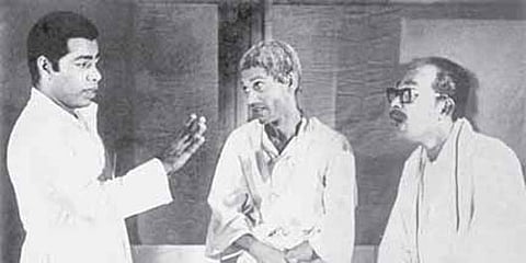 Thilakan (extreme left) acting in the play ‘Reshmi’ in 1969