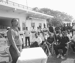 Shivlal Yadav addressing young trainees at the inauguration of the Hyderabad Cricket Association summer camp at Gymkhana on Thursday.