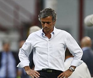 Inter Milan coach Jose' Mourinho reacts during the Italian Serie A soccer match between Inter Milan and Bari at the San Siro stadium in Milan. (AP)