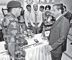 Army Chief General Deepak Kapoor with Bharat Electronics Limited CMD Ashwani Kumar after the presentation ceremony of 'Shakti Dedication to Indian Arm