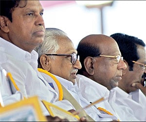 (From Left) Union Minister T R Baalu and State Ministers K Anbazhagan and Arcot N Veerasamy during the inuagural ceremony of the Padi elevated rotary