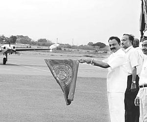 Minister for Agriculture N.Raguveera Reddy flagging off the cloud-seeding operations at Hyderabad airport on Monday.