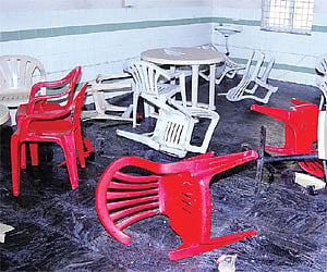Furniture damaged by pro-Telangana agitators in the canteen of Gandhi Hospital in Hyderabad on Sunday.