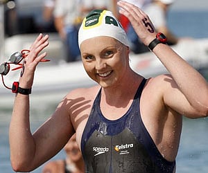 Melissa Gorman celebrates after winning the women's 5-kilometer event, at the FINA World Championships, in Rome. (AP)