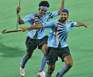 India's Prabhjot Singh celebrates after scoring a goal during the match between Netherlands and India at the Punjab Gold Cup in Chandigarh (Photo: AP)