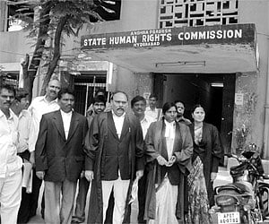 FREE AND FAIR POLLS: Members of the Legal Education and Action for Rural Poor (LEARP) coming out of the AP State Human Rights Commission (SHRC) office