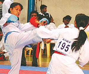 Action from the selection trials held by the All India Karate Do Federation at the JJ Indoor Stadium in Chennai on Wednesday.