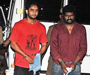 Gangsters Omprakash and Puthenpalam Rajesh who were brought to the Poojappura Central Prison on Wednesday evening.