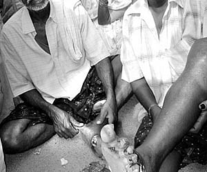 The victims of animal attack showing their injuries in Sangapur village of Gangavati taluk in Koppal on Monday.