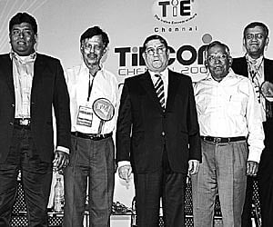Ramaraj, President, TiE Chennai; P N Vasudevan, MD, Equitas; Satish Babu, Univercell; M B Nirmal, Exnora International; N Srinivasan, VC & MD, India C