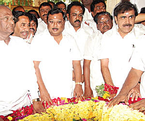 Union Minister for Chemical and Fertiliser M K Alagiri (centre) paying homage at Pasumpon Muthuramalinga Thevar memorial on Friday.