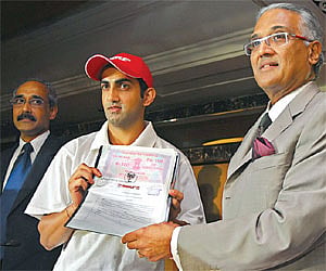 Gautam Gambhir (centre) became the brand ambassador of MRF in Chennai on Friday/A Raja Chidambaram.
