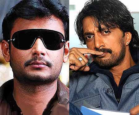 Challenging Star Darshan (Pic: Promotional posters of 'Yodha') and Sudeep (Pic: Sampurn Pix)