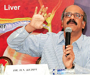 Chairman of Asian Institute of Gastroenterology D Nageswara Reddy makes a point at a press conference in Hyderabad on Thursday. (EPS)
