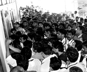 The crowd milling in front of Kairali theatre before the screening of ‘Elektra’ on Monday.