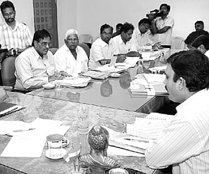 District collector B Ramanjaneyulu holding a review meeting on the Pulichintala project with irrigation officials at the zilla parishad conference hal