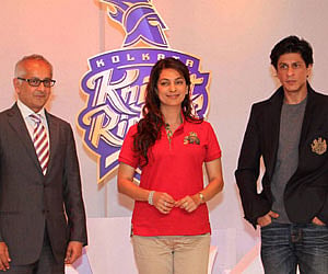 Kolkota Knight Riders owners Jay Mehta Juhi Chawla and Shahrukh Khan at the unveiling of new logo and their new marketing campaign in Mumbai | PTI