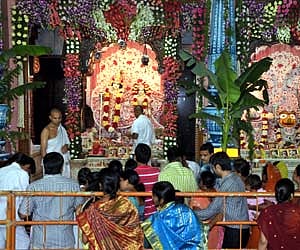 Devotees worshiping Lord Sri Krishna at the ISKON temple Nampally on occasion of Sri Krishna Janmashtami in Hyderabad on Monday.