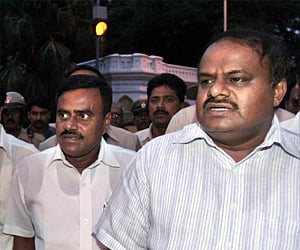 JD(S) State President HD Kumaraswamy coming out from Raj Bhavan after submitting a memorandum to Governor in Bangalore. PTI